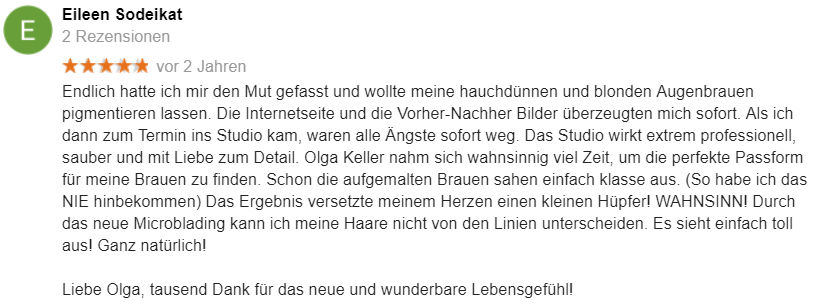 Bewertung für Microblading von Eileen bei Google