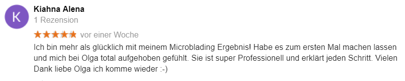 Bewertung für Microblading von Kiahna bei Google