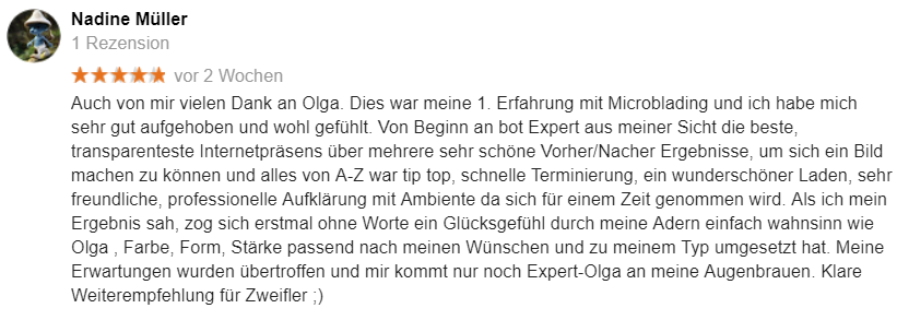 Bewertung für Microblading von Nadine bei Google