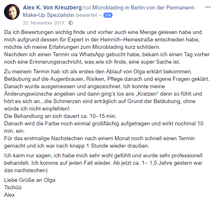 Bewertung für Microblading von Alex K. bei Facebook