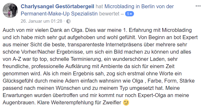 Bewertung für Microblading von Charlysangel bei Facebook