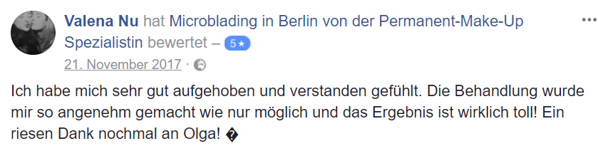 Bewertung für Microblading von Valena bei Facebook